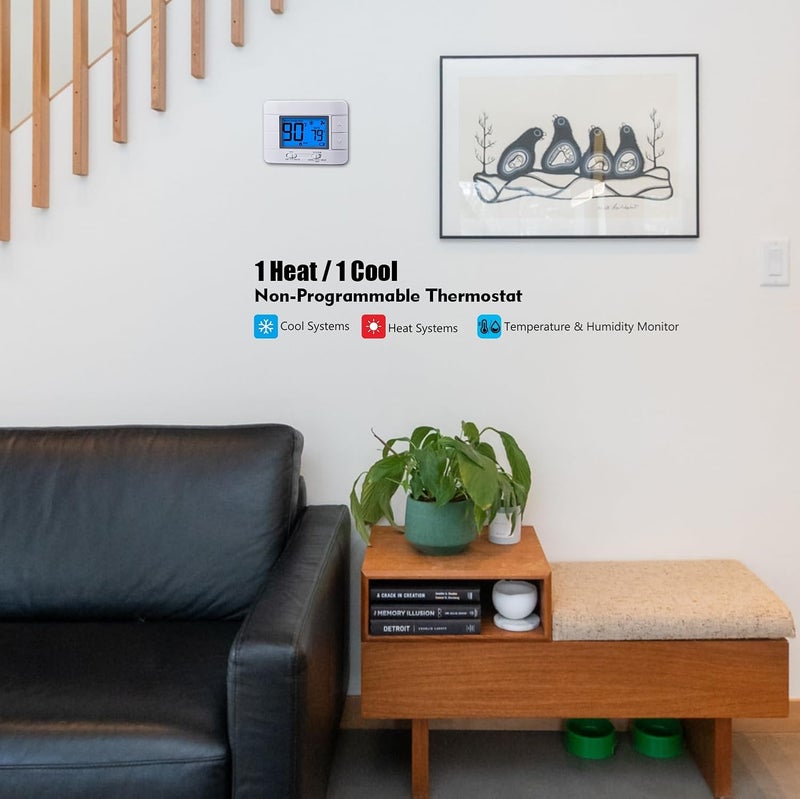 Mroinge Non Programmable Thermostat for Home - Single Stage 1H/1C, with Room Temperature & Humidity Display and Large Blue LCD - Image 2